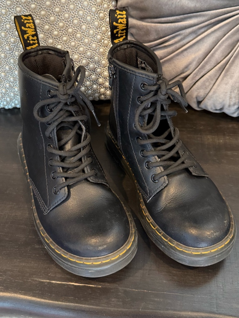 Dr. Martens Youth Black Leather Lace-Up Ankle Boots with Yellow Stitching
